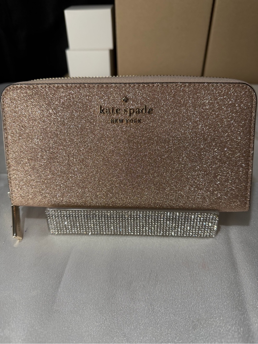 kate spade rose gold glitter zip wallet